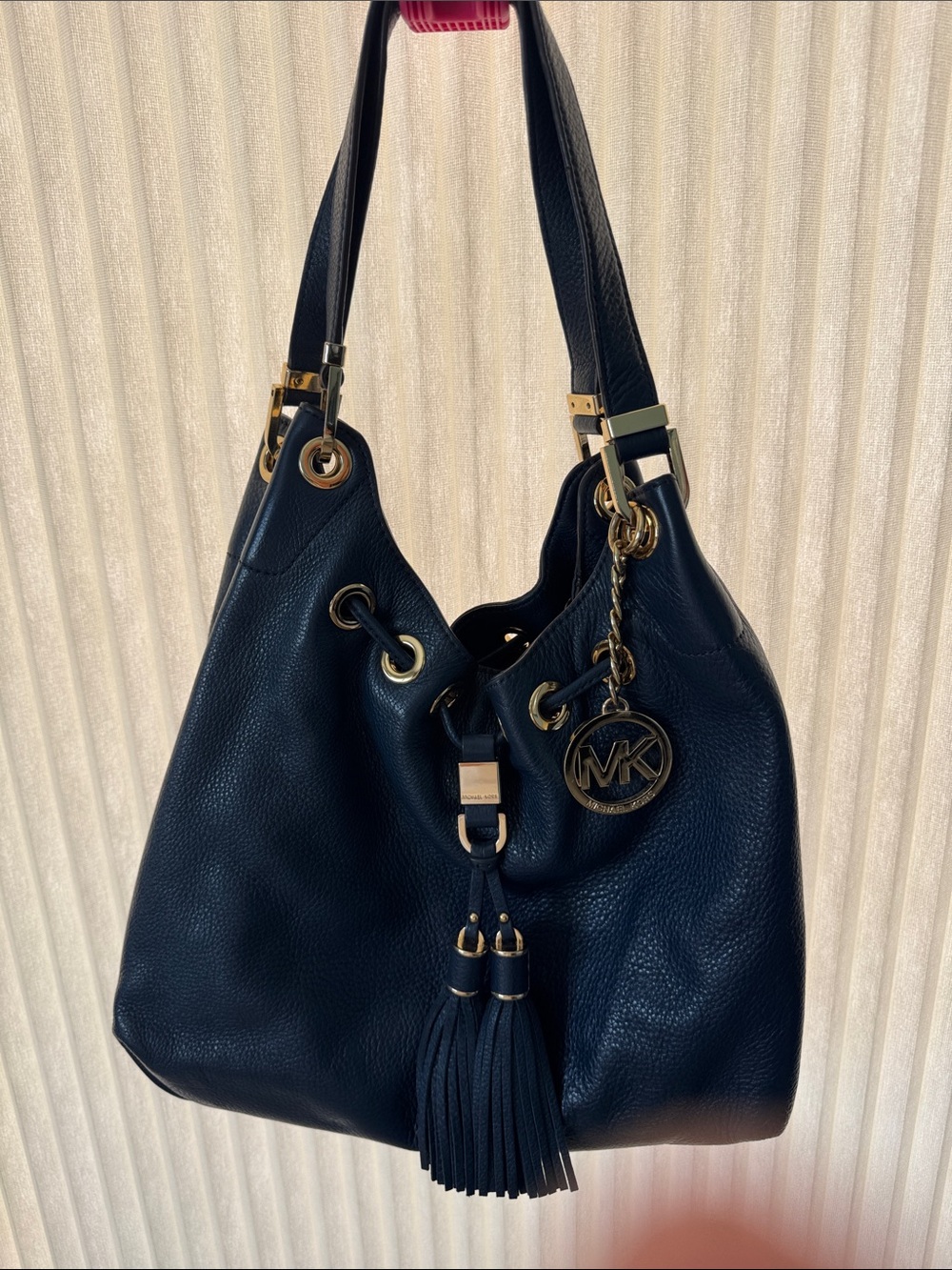 Michael Kors Navy Pebbled Leather Hobo with Tassel and MK Charm